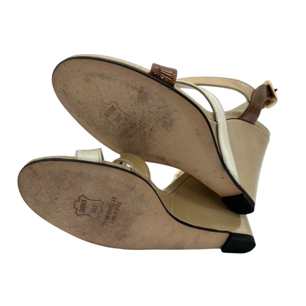 Stuart Weitzman Wedge Sandals Women's Size 7M‎ Tan Patent Leather Strappy - Picture 4 of 6